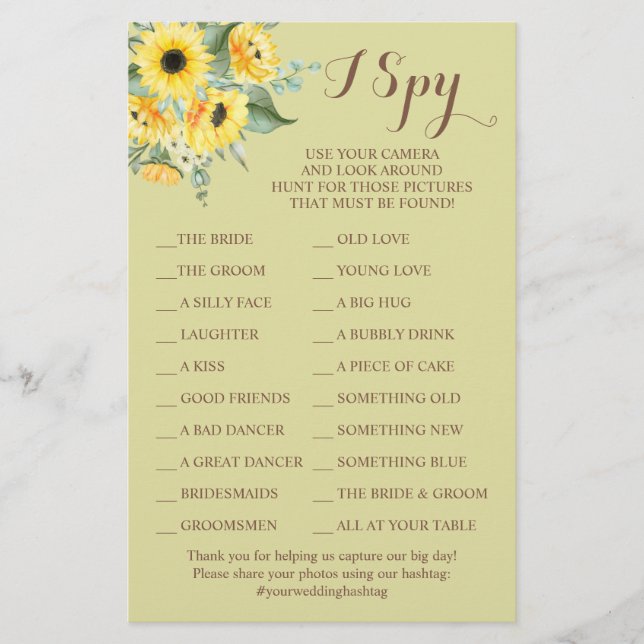 Sunflowers Wedding Reception I Spy Game Card Flyer (Front)