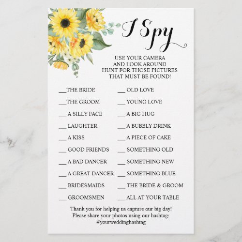 Sunflowers Wedding Reception I Spy Game Card Flyer