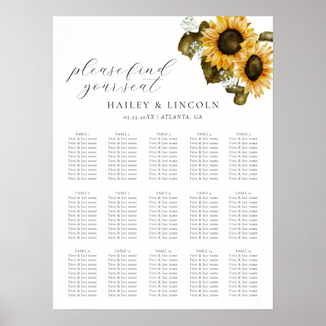 Sunflowers Wedding Seating Chart (Front)