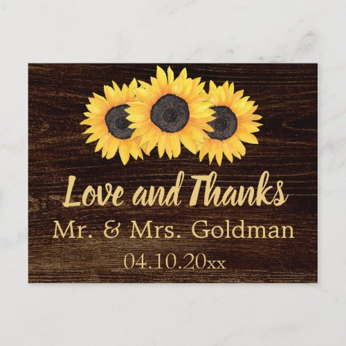 Sunflowers Wedding Thank You Postcard Rustic Wood