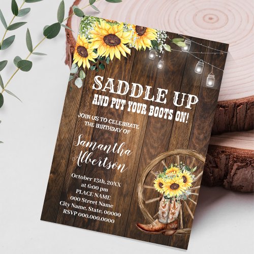 Sunflowers Western Birthday Country Boots  Invitation