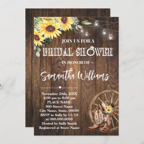 Sunflowers Western Bridal Shower Country Boots Invitation