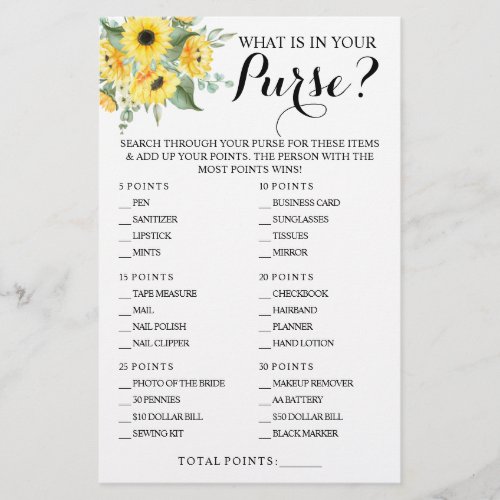 Sunflowers What is in your Purse Shower Game Card Flyer