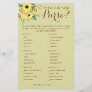Sunflowers What is in your Purse Shower Game Card Flyer