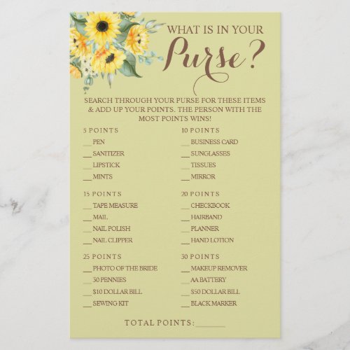 Sunflowers What is in your Purse Shower Game Card  Flyer
