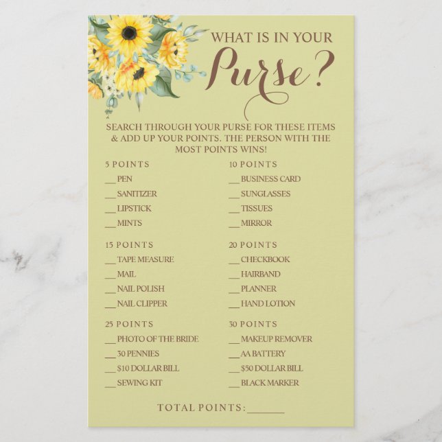Sunflowers What is in your Purse Shower Game Card  Flyer (Front)