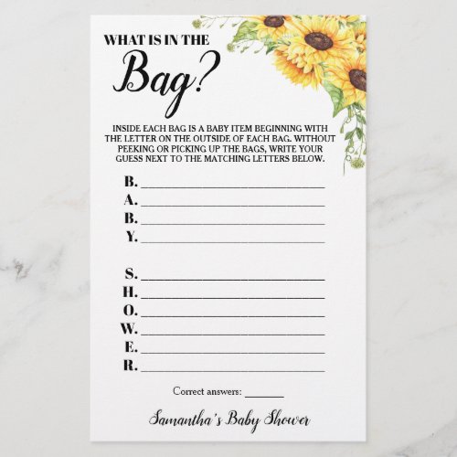 Sunflowers Whats in the Bag Baby Shower Game card Flyer