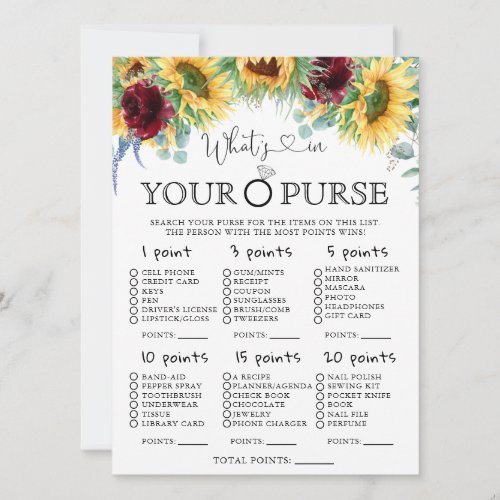 Sunflowers Whats In Your Purse Bridal Shower Game Invitation