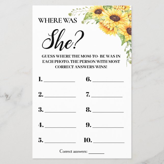 Sunflowers Where Was She Baby Shower Game Card Flyer (Front)