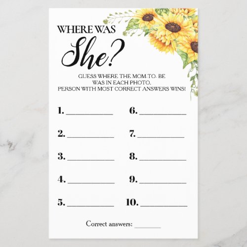 Sunflowers Where Was She Baby Shower Game Card Flyer