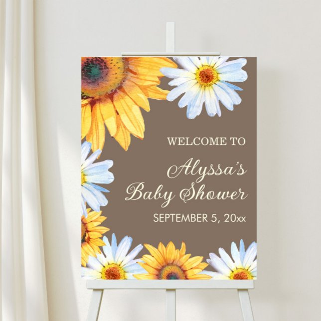 Sunflowers White Daisies Baby Shower Welcome Foam Board (Yellow sunflowers and white daisies on brown baby shower welcome sign customized with your text.)