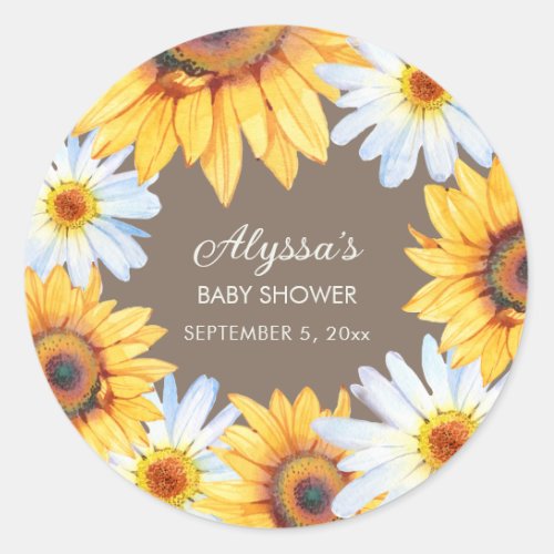 Sunflowers White Daisies Brown Baby Shower Classic Round Sticker