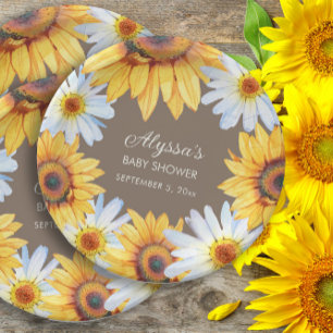Sunflowers White Daisies Brown Baby Shower Paper Plates