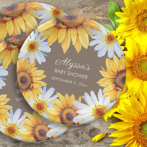 Sunflowers White Daisies Brown Baby Shower Paper Plates