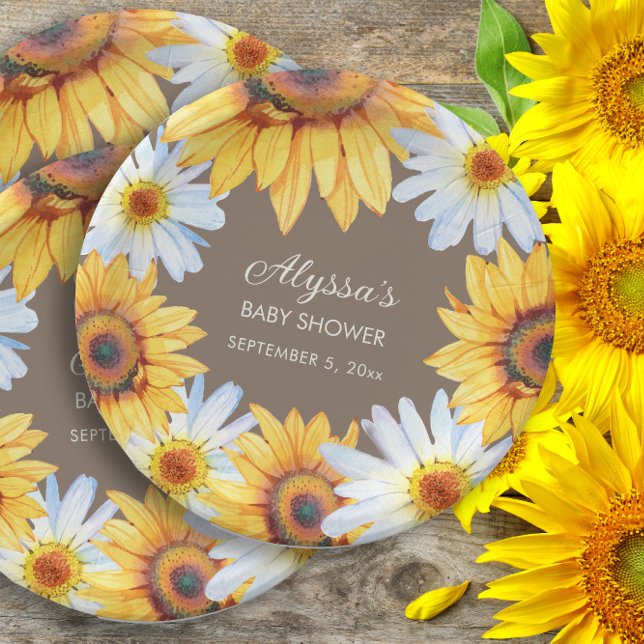 Sunflowers White Daisies Brown Baby Shower Paper Plates (Sunflowers and white daisies on brown custom baby shower paper plates. )