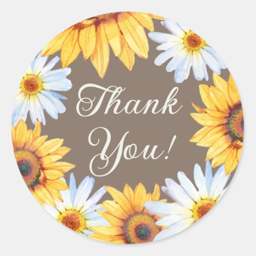 Sunflowers White Daisies Brown Thank You Classic Round Sticker