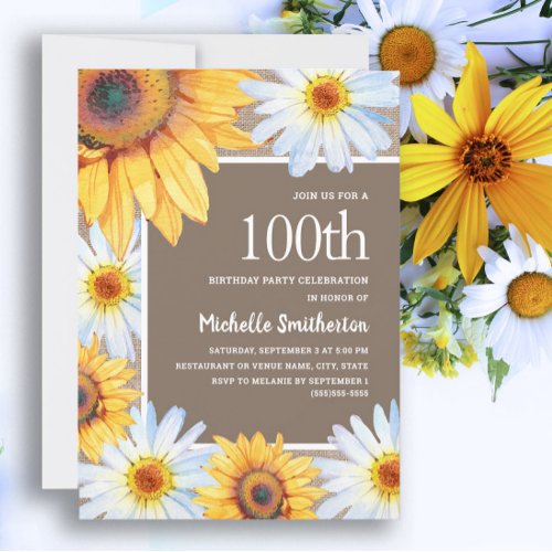 Sunflowers White Daisies Burlap 100th Birthday Invitation