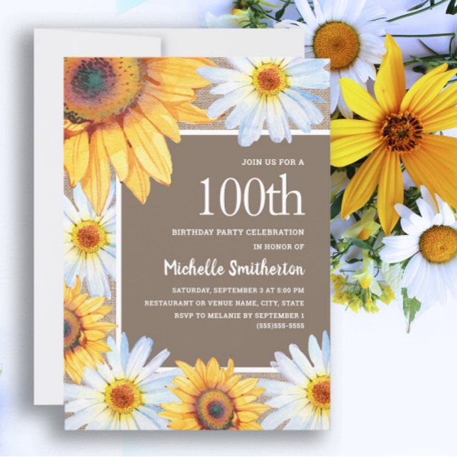 Sunflowers White Daisies Burlap 100th Birthday Invitation (White daisies and sunflowers 100th birthday party invitation for women.)