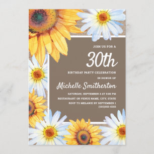 Sunflowers White Daisies Burlap 30th Birthday Invitation