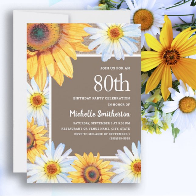 Sunflowers White Daisies Burlap 80th Birthday Invitation (White daisies and sunflowers 80th birthday party invitation for women.)