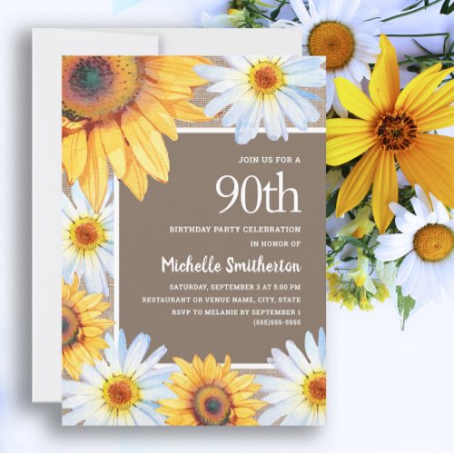 Sunflowers White Daisies Burlap 90th Birthday Invitation
