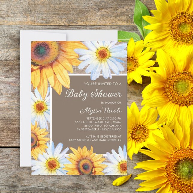 Sunflowers White Daisies Burlap Baby Shower Invitation (Sunflowers and daisies rustic baby shower invitation)