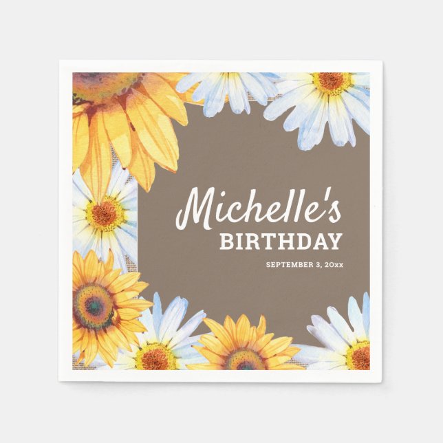 Sunflowers White Daisies Burlap Custom Birthday Napkins (Front)