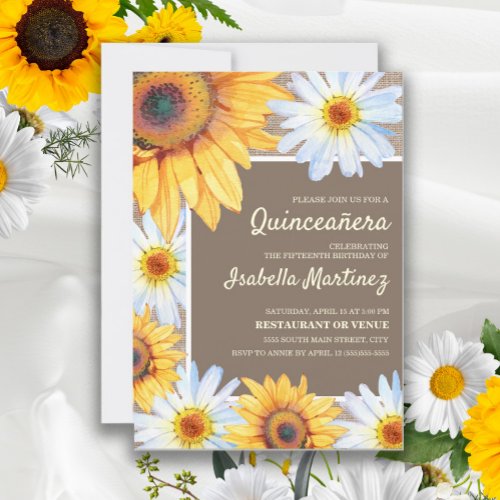 Sunflowers White Daisies Burlap Quinceaera 15th Invitation