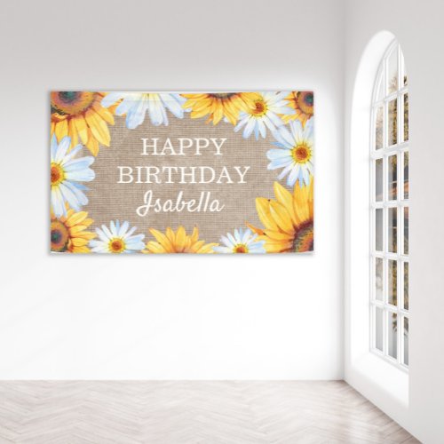 Sunflowers White Daisy Burlap Happy Birthday Name Banner