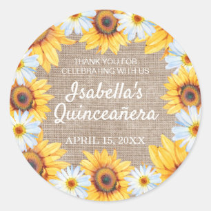 Sunflowers White Daisy Burlap Quinceañera Name Classic Round Sticker