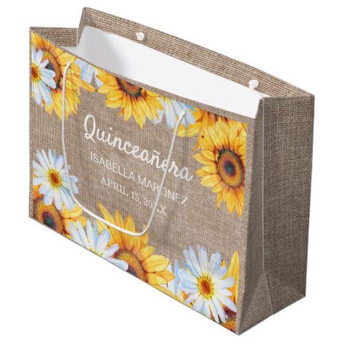 Sunflowers White Daisy Burlap Quinceaera Name  Large Gift Bag