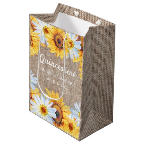 Sunflowers White Daisy Burlap Quinceaera Name  Medium Gift Bag