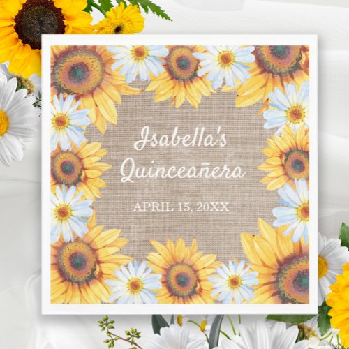 Sunflowers White Daisy Burlap Quinceaera Name  Napkins