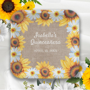 Sunflowers White Daisy Burlap Quinceañera Name Paper Plates