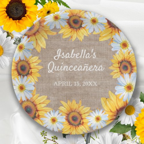 Sunflowers White Daisy Burlap Quinceaera Name   Paper Plates