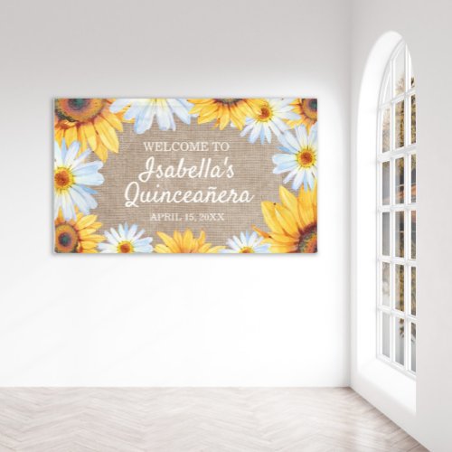 Sunflowers White Daisy Burlap Quinceaera Welcome  Banner