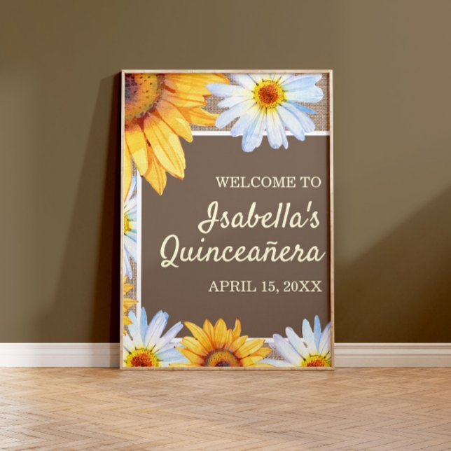 Sunflowers White Daisy Burlap Quinceañera Welcome Poster (Creator Uploaded)