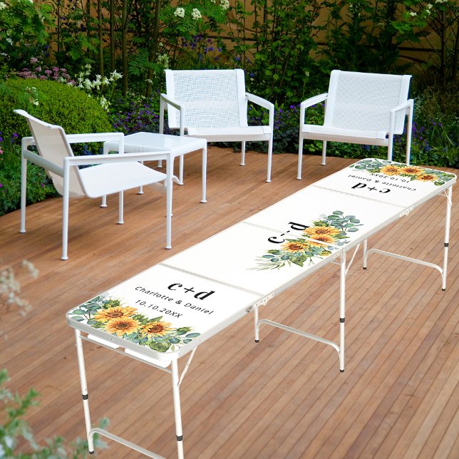 Sunflowers white elegant monogram wedding beer pong table (Creator Uploaded)