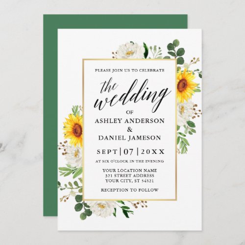 Sunflowers White Floral Calligraphy Wedding Invitation