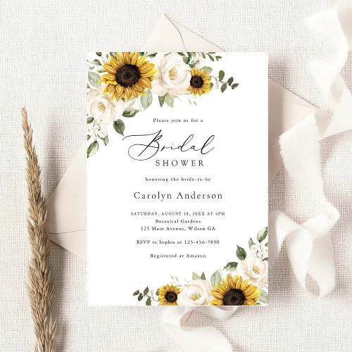 Sunflowers White Floral Greenery Bridal Shower Invitation