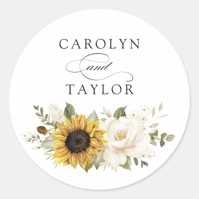 Sunflowers White Floral Greenery Envelope Classic Round Sticker (Front)