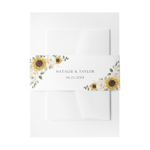 Sunflowers White Floral Greenery Rustic Wedding Invitation Belly Band