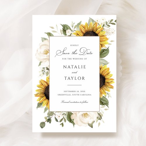 Sunflowers White Floral Greenery Save the Date Invitation
