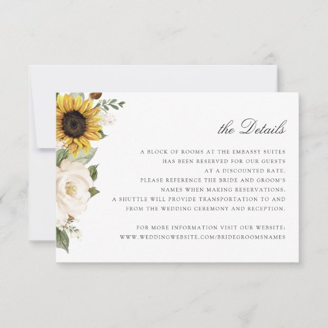 Sunflowers White Floral Greenery Wedding Details Invitation (Front)