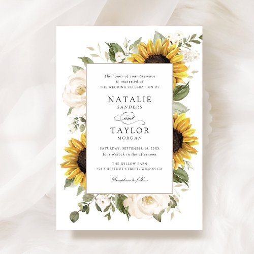 Sunflowers White Flowers Greenery Frame Wedding Invitation