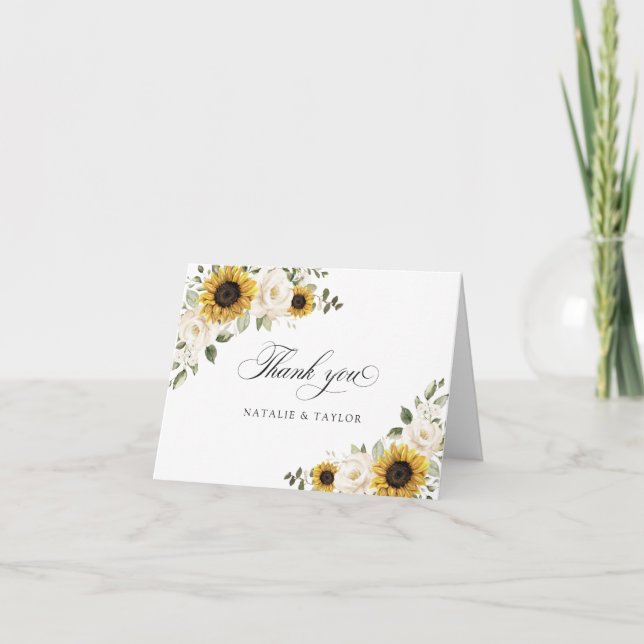 Sunflowers White Flowers Greenery Rustic Wedding Thank You Card (Front)
