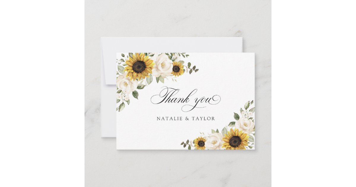 Sunflowers White Flowers Greenery Rustic Wedding Thank You Card | Zazzle