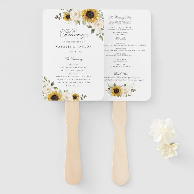 Sunflowers White Flowers Greenery Wedding Program Hand Fan (Front and Back)