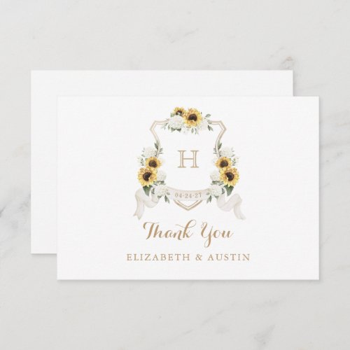 Sunflowers White Hydrangea Crest Wedding Monogram Thank You Card