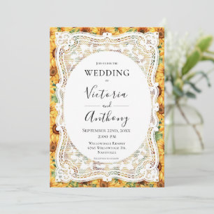 Sunflowers White Lace Rustic Wedding Invitation